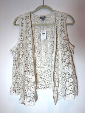 J. Jill Boho Floral Crochet Open Front Vest Cream Natural L NWT